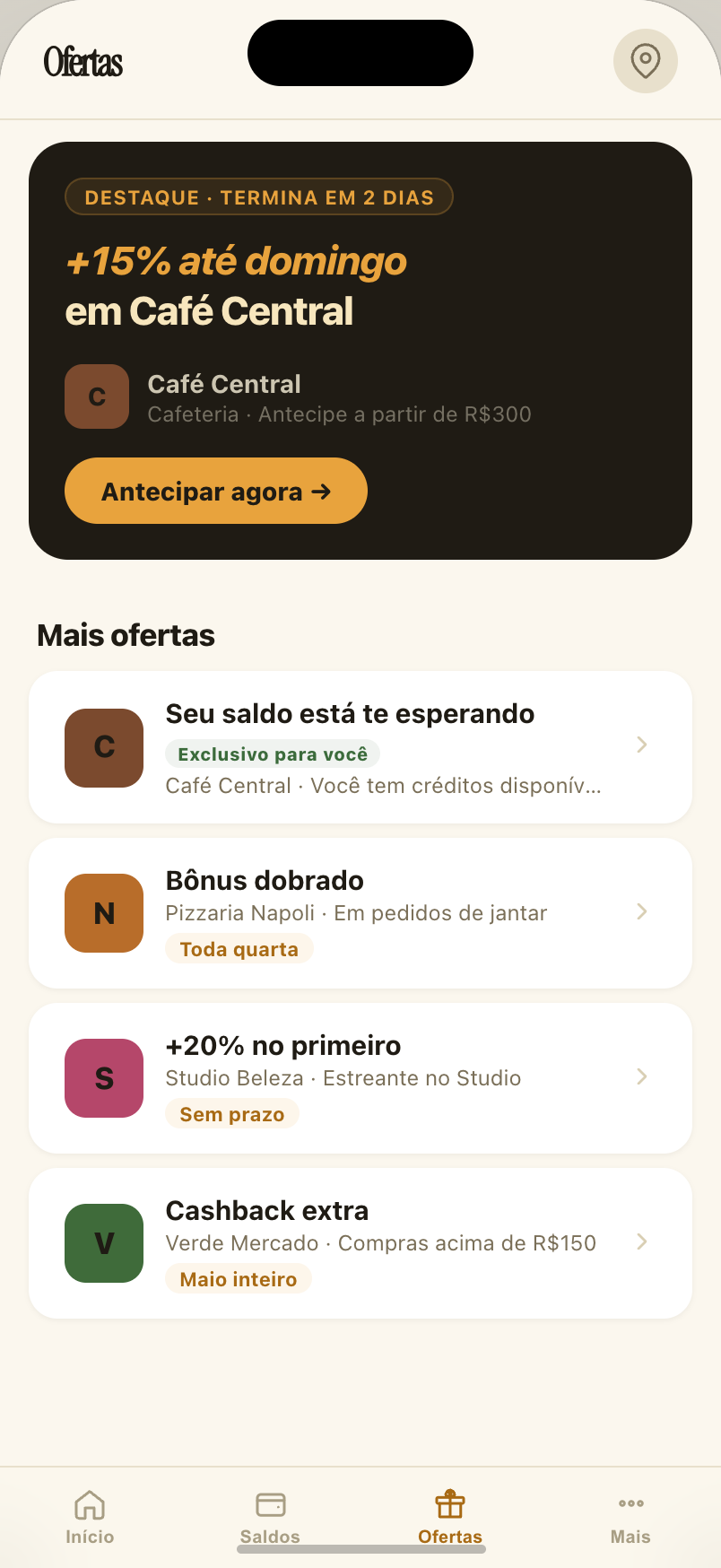 Tela de ofertas dos estabelecimentos